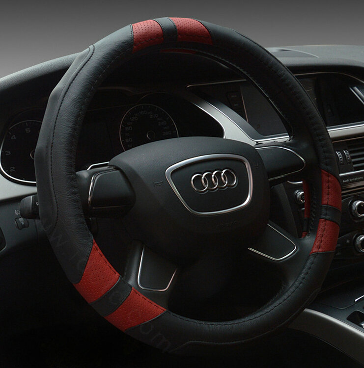 Cooling Auto Steering Wheel Wrap Genuine Leather 15 Inch 38CM - Black Red