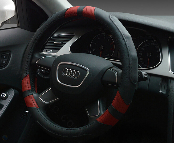 Cooling Auto Steering Wheel Wrap Genuine Leather 15 Inch 38CM - Black Red