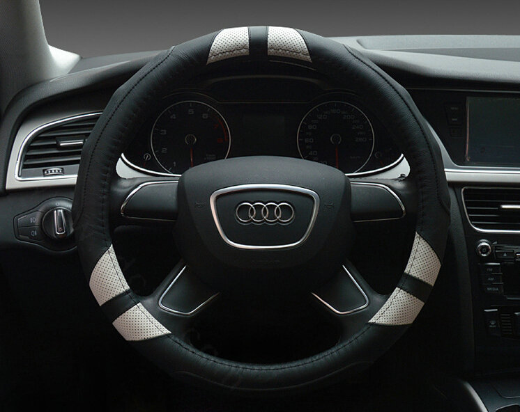 Cooling Auto Steering Wheel Wrap Genuine Leather 15 Inch 38CM - Black White