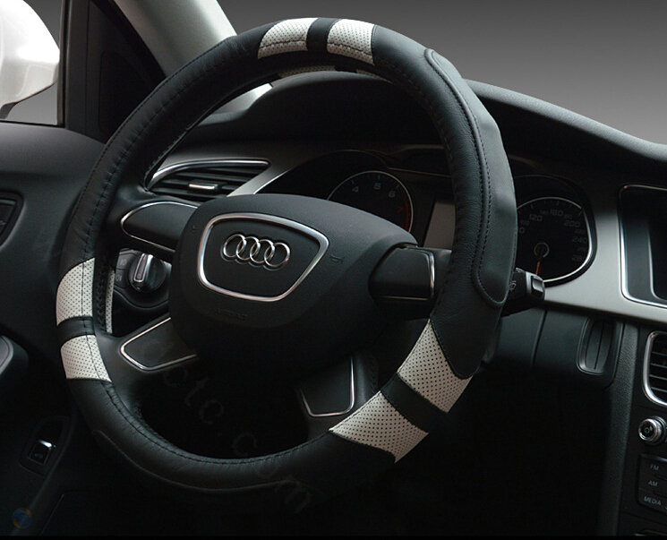 Cooling Auto Steering Wheel Wrap Genuine Leather 15 Inch 38CM - Black White