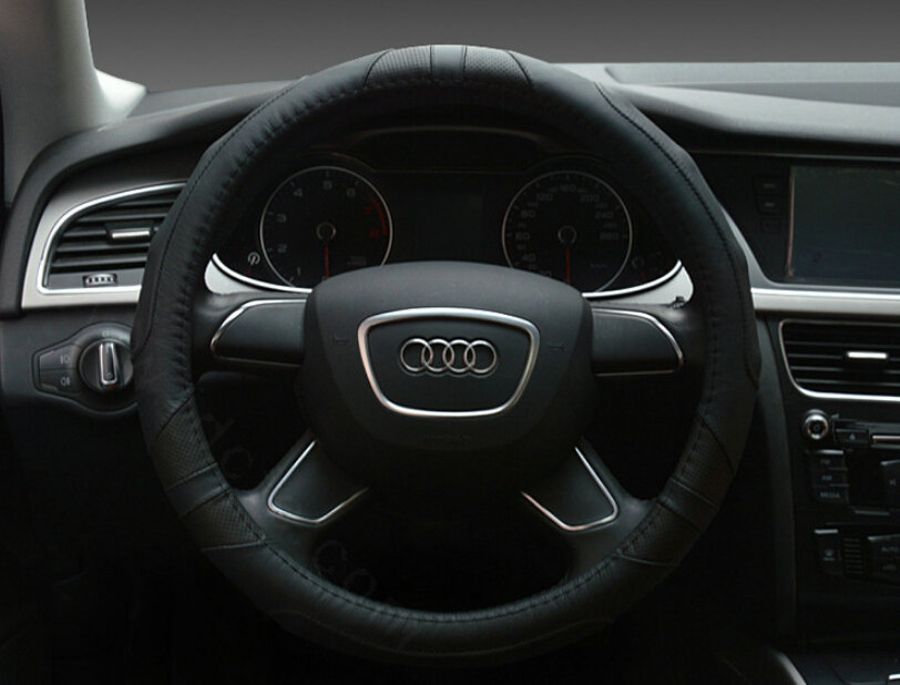 Cooling Auto Steering Wheel Wrap Genuine Leather 15 Inch 38CM - Black
