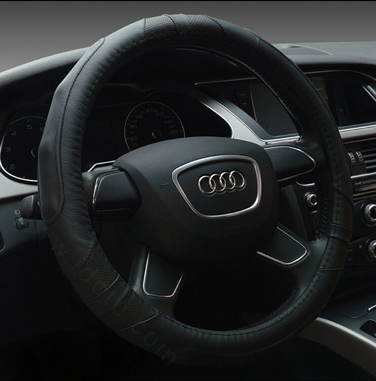 Cooling Auto Steering Wheel Wrap Genuine Leather 15 Inch 38CM - Black