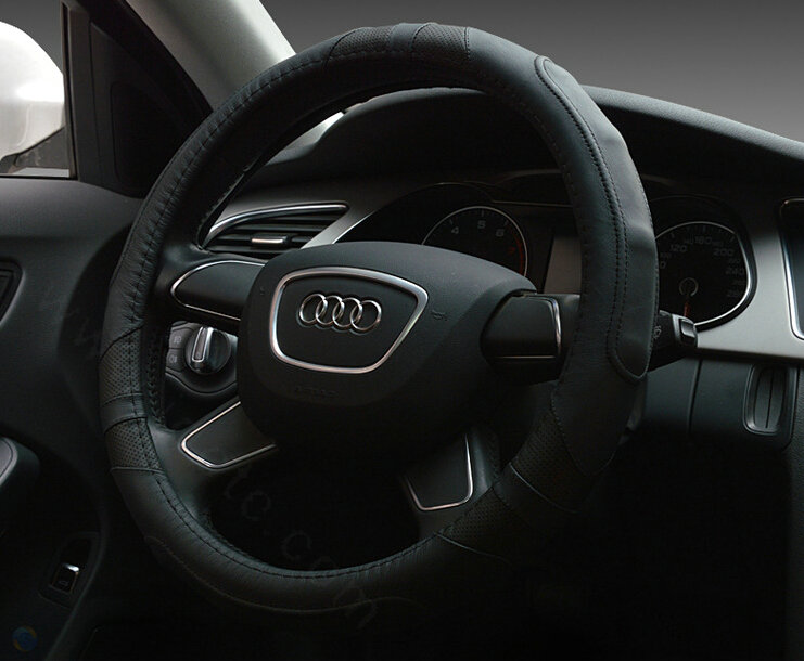 Cooling Auto Steering Wheel Wrap Genuine Leather 15 Inch 38CM - Black