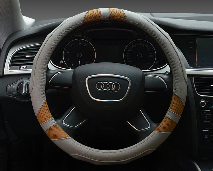Cooling Auto Steering Wheel Wrap Genuine Leather 15 Inch 38CM - Grey Brown