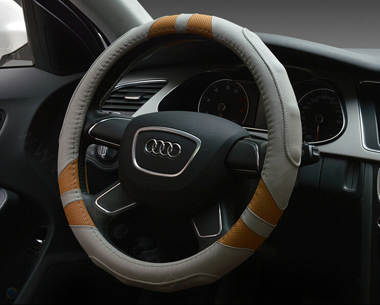 Cooling Auto Steering Wheel Wrap Genuine Leather 15 Inch 38CM - Grey Brown