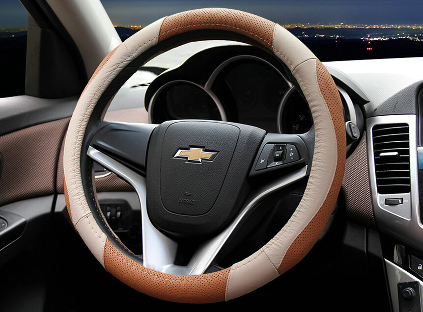 Cooling Car Steering Wheels Covers Genuine Leather 15 Inch 38CM - Beige Brown