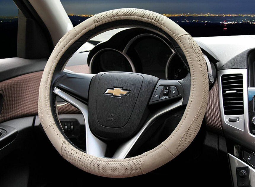 Cooling Car Steering Wheels Covers Genuine Leather 15 Inch 38CM - Beige