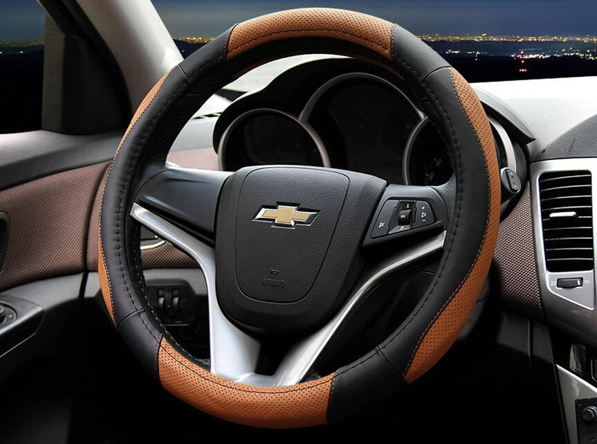 Cooling Car Steering Wheels Covers Genuine Leather 15 Inch 38CM - Black Brown