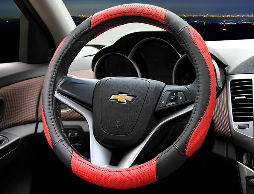 Cooling Car Steering Wheels Covers Genuine Leather 15 Inch 38CM - Black Red