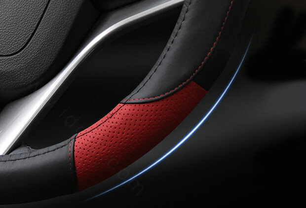 Cooling Car Steering Wheels Covers Genuine Leather 15 Inch 38CM - Black Red
