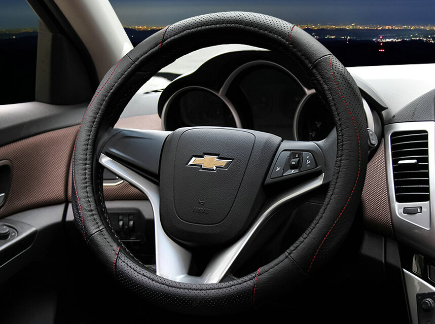 Cooling Car Steering Wheels Covers Genuine Leather 15 Inch 38CM - Black