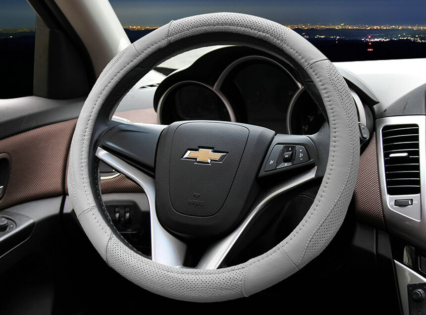 Cooling Car Steering Wheels Covers Genuine Leather 15 Inch 38CM - Grey