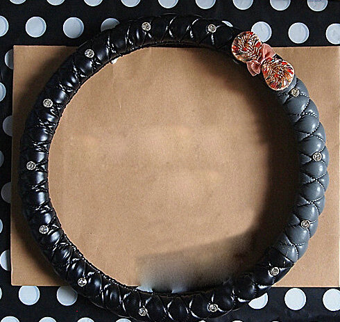 Diamond Bowknot Car Steering Wheel Cover Sheepskin Leather 15 Inch 38CM - Black