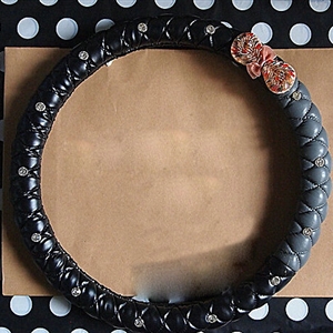 Diamond Bowknot Car Steering Wheel Cover Sheepskin Leather 15 Inch 38CM - Black