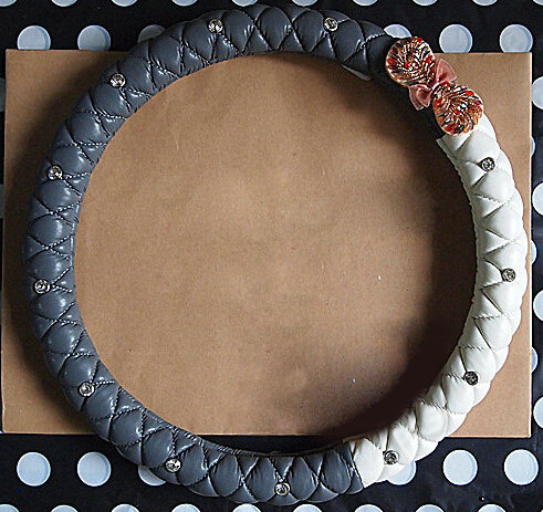 Diamond Bowknot Car Steering Wheel Cover Sheepskin Leather 15 Inch 38CM - Grey