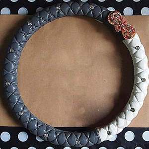 Diamond Bowknot Car Steering Wheel Cover Sheepskin Leather 15 Inch 38CM - Grey