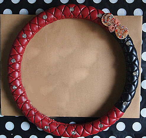 Diamond Bowknot Car Steering Wheel Cover Sheepskin Leather 15 Inch 38CM - Red