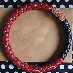 Diamond Bowknot Car Steering Wheel Cover Sheepskin Leather 15 Inch 38CM - Red