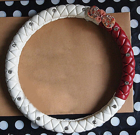 Diamond Bowknot Car Steering Wheel Cover Sheepskin Leather 15 Inch 38CM - White