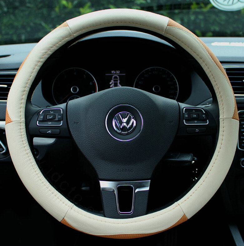 Elegant Auto Steering Wheel Wrap Genuine Leather 15 Inch 38CM - Beige