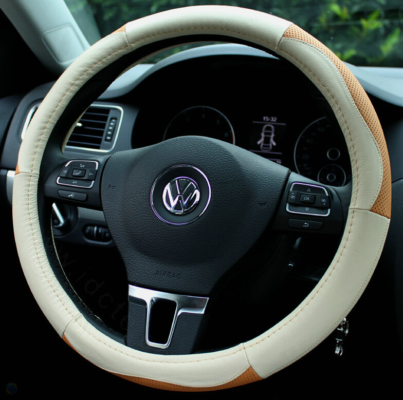 Elegant Auto Steering Wheel Wrap Genuine Leather 15 Inch 38CM - Beige