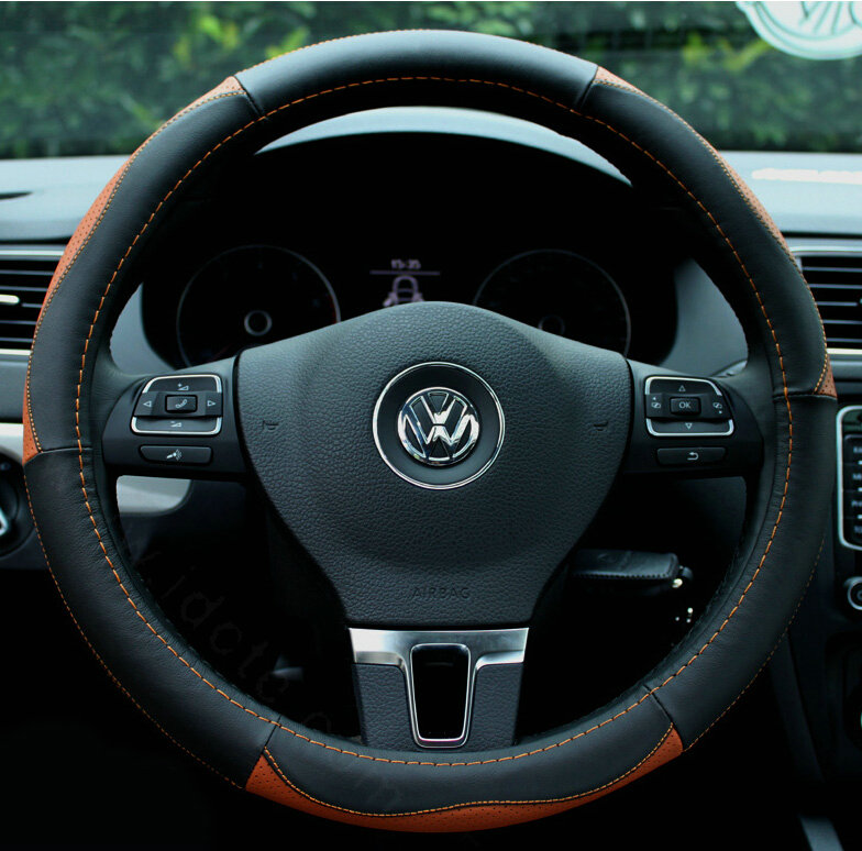Elegant Auto Steering Wheel Wrap Genuine Leather 15 Inch 38CM - Black Brown
