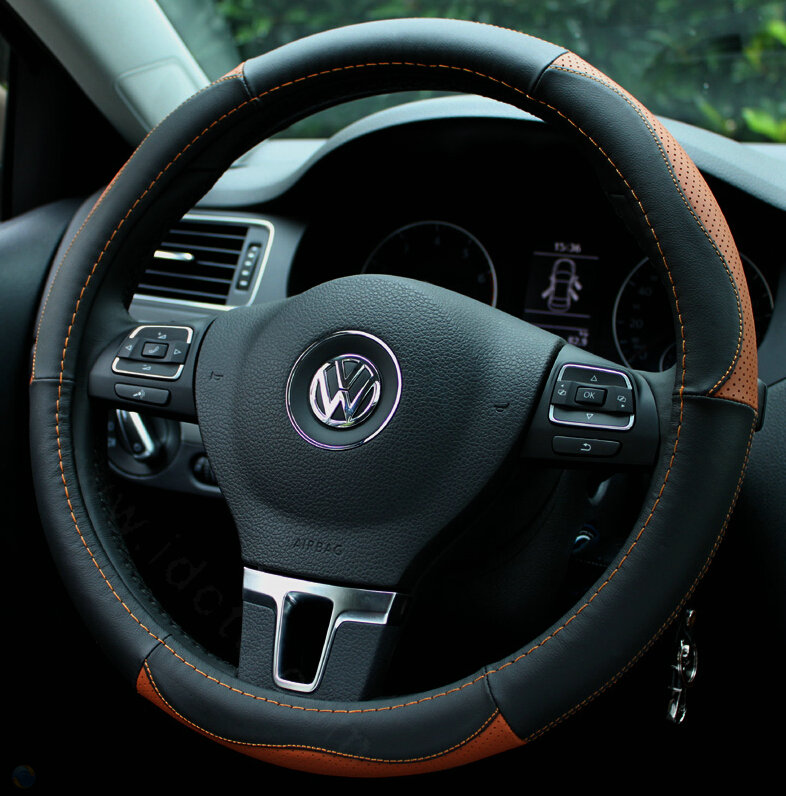 Elegant Auto Steering Wheel Wrap Genuine Leather 15 Inch 38CM - Black Brown