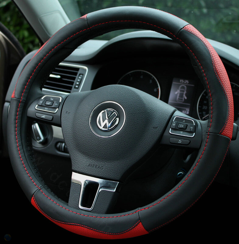 Elegant Auto Steering Wheel Wrap Genuine Leather 15 Inch 38CM - Black Red