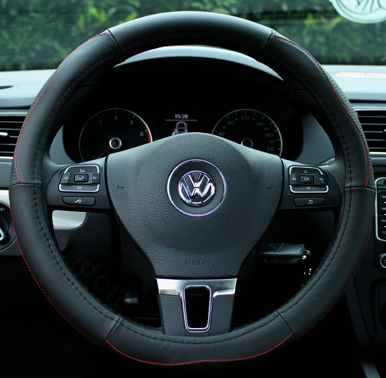 Elegant Auto Steering Wheel Wrap Genuine Leather 15 Inch 38CM - Black