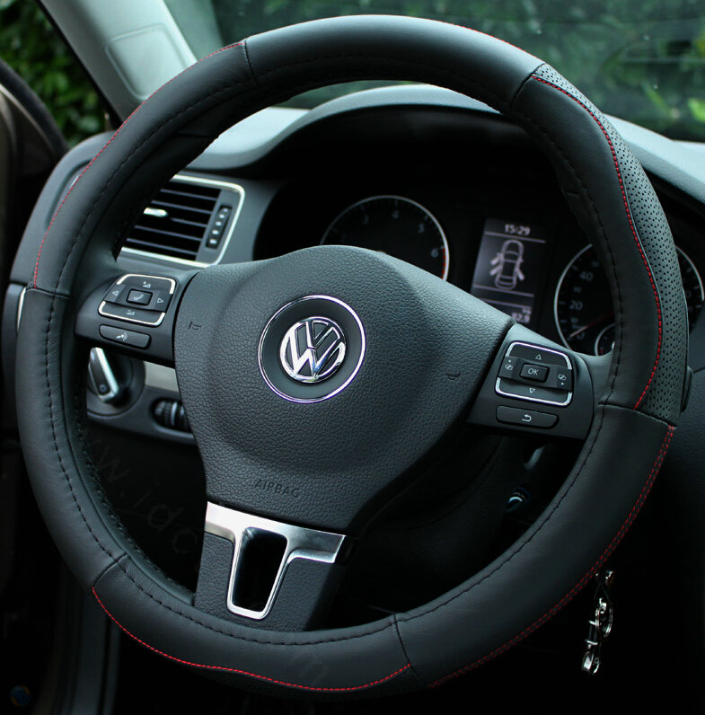 Elegant Auto Steering Wheel Wrap Genuine Leather 15 Inch 38CM - Black