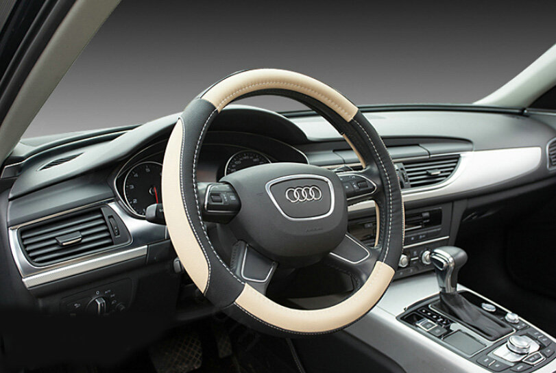 Elegant Car Steering Wheel Wrap PU Leather 15 Inch 38CM - Black Beige