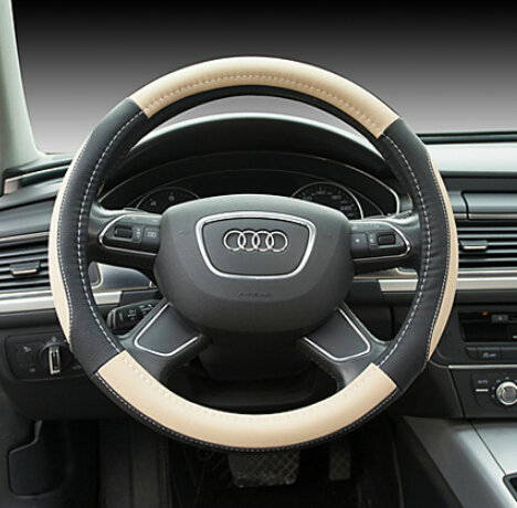 Elegant Car Steering Wheel Wrap PU Leather 15 Inch 38CM - Black Beige