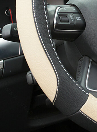 Elegant Car Steering Wheel Wrap PU Leather 15 Inch 38CM - Black Beige