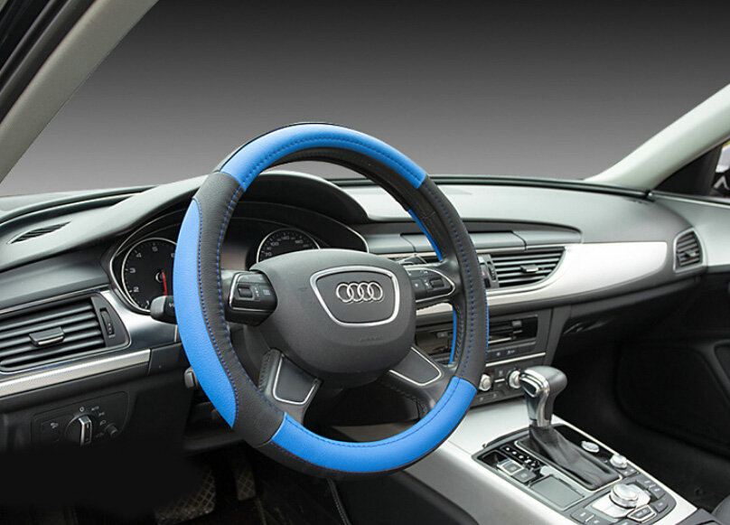 Elegant Car Steering Wheel Wrap PU Leather 15 Inch 38CM - Black Blue
