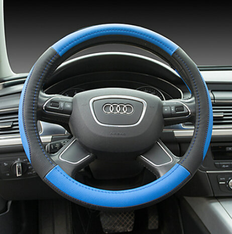 Elegant Car Steering Wheel Wrap PU Leather 15 Inch 38CM - Black Blue