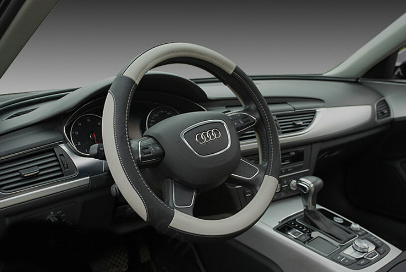 Elegant Car Steering Wheel Wrap PU Leather 15 Inch 38CM - Black Grey