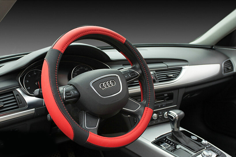 Elegant Car Steering Wheel Wrap PU Leather 15 Inch 38CM - Black Red