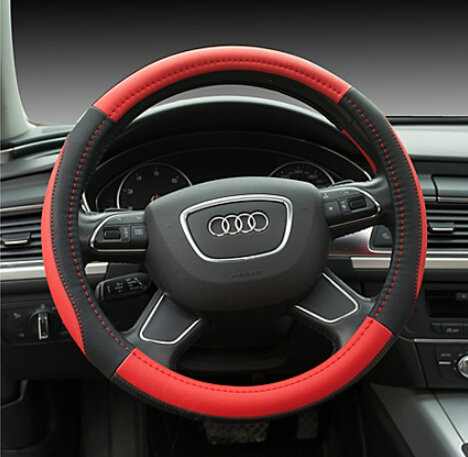 Elegant Car Steering Wheel Wrap PU Leather 15 Inch 38CM - Black Red