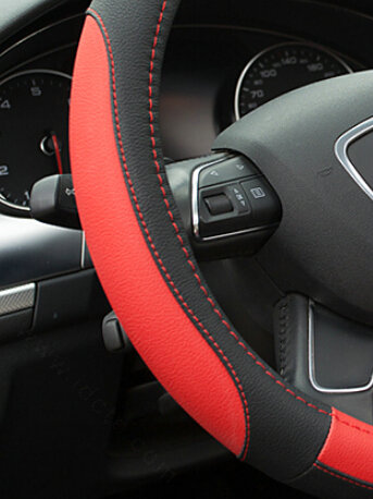 Elegant Car Steering Wheel Wrap PU Leather 15 Inch 38CM - Black Red
