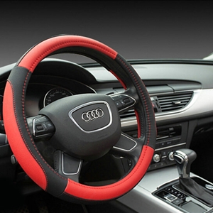 Elegant Car Steering Wheel Wrap PU Leather 15 Inch 38CM - Black Red