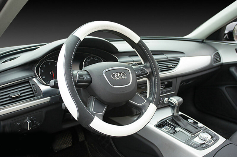 Elegant Car Steering Wheel Wrap PU Leather 15 Inch 38CM - Black White