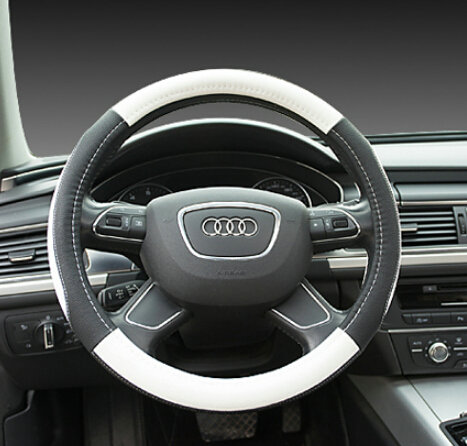 Elegant Car Steering Wheel Wrap PU Leather 15 Inch 38CM - Black White