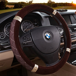 Embroidery Auto Steering Wheel Covers Velvet 15 Inch 38CM - Brown