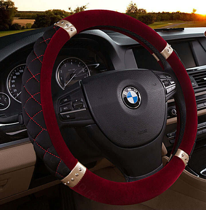 Embroidery Auto Steering Wheel Covers Velvet 15 Inch 38CM - Red
