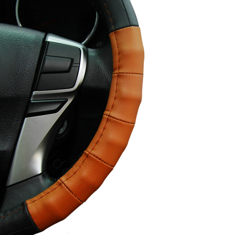 Exquisite Car Steering Wheel Wrap Genuine Leather 15 Inch 38CM - Black Brown
