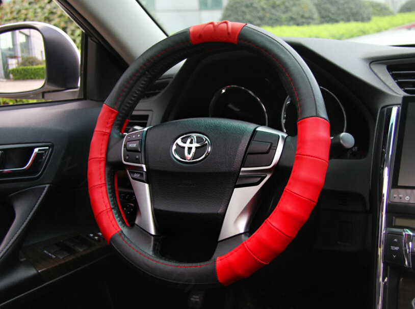 Exquisite Car Steering Wheel Wrap Genuine Leather 15 Inch 38CM - Black Red