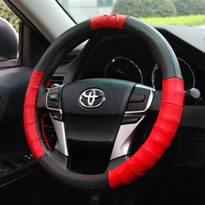 Exquisite Car Steering Wheel Wrap Genuine Leather 15 Inch 38CM - Black Red