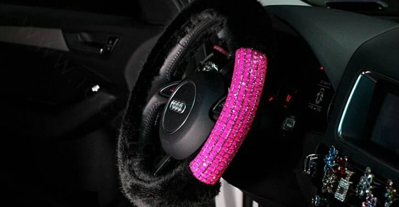 Exquisite Rhinestone Car Steering Wheel Wrap Velvet 15 Inch 38CM - Black