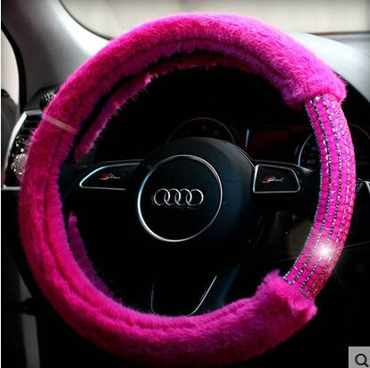 Exquisite Rhinestone Car Steering Wheel Wrap Velvet 15 Inch 38CM - Rose