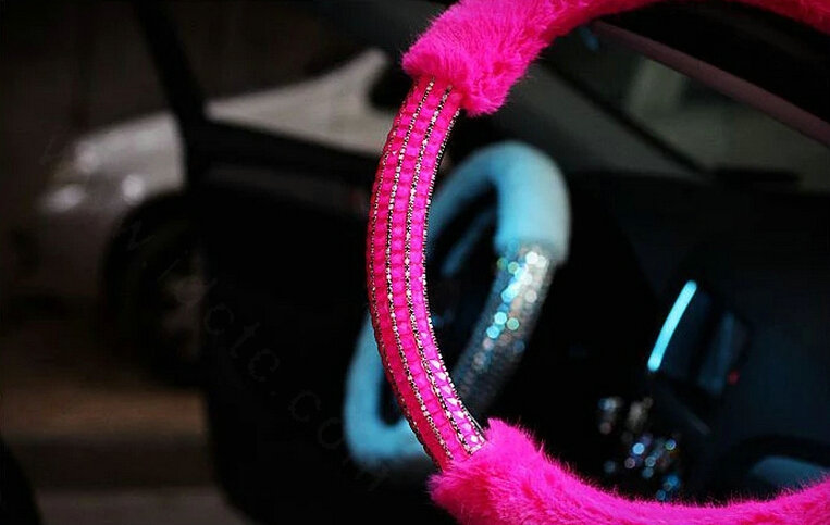 Exquisite Rhinestone Car Steering Wheel Wrap Velvet 15 Inch 38CM - Rose